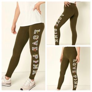 NWT Victoria’s Secret PINK Olive Green Tropical Logo Leggings S 🌴
